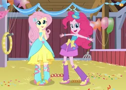 Size: 504x360 | Tagged: safe, artist:ktd1993, derpibooru import, fluttershy, pinkie pie, equestria girls, balloon, barn, boots, bracelet, confetti, cute, fall formal outfits, hat, high heel boots, jewelry, looking at you, pitchfork, streamers, top hat