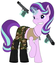 Size: 1024x1227 | Tagged: safe, artist:xphil1998, derpibooru import, starlight glimmer, ponified, pony, unicorn, clothes, command and conquer, crossover, dog tags, dual wield, female, glowing horn, gun, handgun, hooves, horn, levitation, magic, mare, pistol, raised hoof, red alert, red alert 3, simple background, smiling, solo, tanya adams, teeth, telekinesis, transparent background, weapon