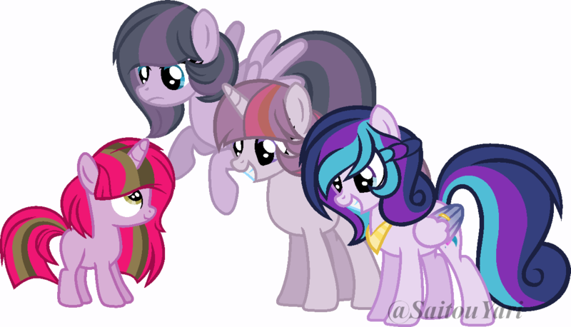 Size: 800x458 | Tagged: safe, artist:t-aroutachiikun, derpibooru import, oc, oc:galaxy chronicle, oc:inertia, oc:lightyear sparkle, oc:princess estelle, unofficial characters only, pegasus, pony, unicorn, base used, cousins, female, filly, mare, offspring, parent:doctor whooves, parent:princess cadance, parent:shining armor, parent:twilight sparkle, parents:doctwi, parents:shiningcadance, simple background, sisters, transparent background