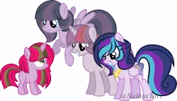Size: 800x458 | Tagged: safe, artist:t-aroutachiikun, derpibooru import, oc, oc:galaxy chronicle, oc:inertia, oc:lightyear sparkle, oc:princess estelle, unofficial characters only, pegasus, pony, unicorn, base used, cousins, female, filly, mare, offspring, parent:doctor whooves, parent:princess cadance, parent:shining armor, parent:twilight sparkle, parents:doctwi, parents:shiningcadance, simple background, sisters, transparent background