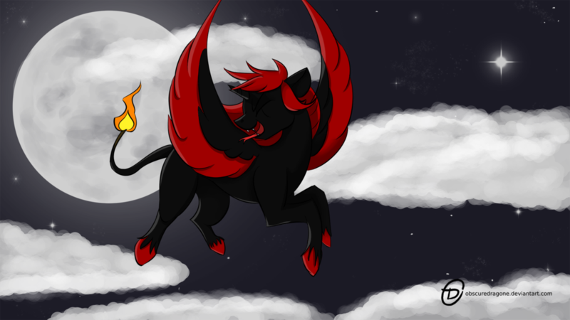 Size: 1024x576 | Tagged: safe, artist:obscuredragone, derpibooru import, oc, oc:blaze shadow, unofficial characters only, alicorn, pony, black, broken horn, fire tail, flying, happy, hooves, horn, night, red, red and black oc, sky, solo, tail, wings