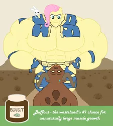 Size: 2250x2500 | Tagged: angel bunny, animal, anthro, arm hooves, artist:urkel, buffout, clothes, deathclaw, derpibooru import, drugs, drug use, fake ad, fallout, fetish, flutterhulk, fluttershy, growth, muscle fetish, muscle growth, muscles, muscleshy, overdeveloped muscles, rabbit, safe, torn clothes, vault suit, wardrobe malfunction, wasteland