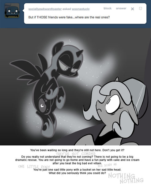 Size: 666x811 | Tagged: artist:egophiliac, ask, bucket, dark woona, derpibooru import, filly, flying, grayscale, monochrome, moonstuck, nightmare moon, nightmare woon, princess luna, safe, tumblr, woona, younger