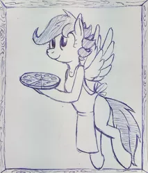 Size: 1275x1500 | Tagged: safe, artist:tg-0, derpibooru import, scootaloo, pegasus, pony, semi-anthro, unguligrade anthro, apron, ballpoint pen, clothes, cute, flying, food, hoof hold, monochrome, naked apron, older, pizza, sketch, smiling, solo, spread wings, traditional art