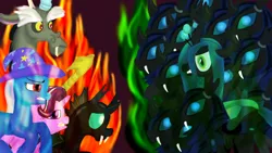 Size: 1280x720 | Tagged: safe, artist:jbond, derpibooru import, discord, queen chrysalis, starlight glimmer, thorax, trixie, changeling, pony, unicorn, to where and back again, changeling guard, female, fire, mare, reformed four