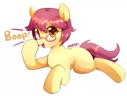 Size: 1599x1209 | Tagged: safe, artist:maren, derpibooru import, oc, oc:karen miyu, unofficial characters only, earth pony, pony, art trade, blank flank, boop, cute, female, glasses, looking at you, mare, ocbetes, open mouth, prone, self-boop, short mane, simple background, smiling, solo, white background