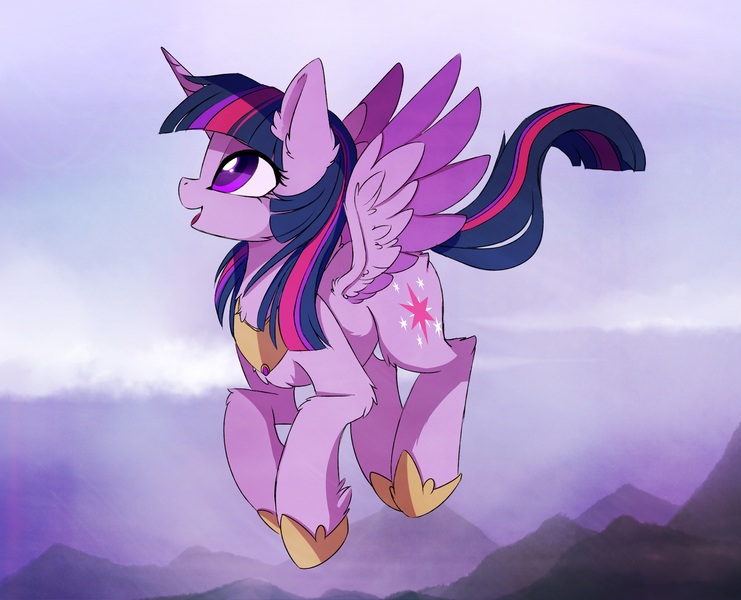 Size: 2480x2008 | Tagged: safe, artist:magnaluna, derpibooru import, twilight sparkle, twilight sparkle (alicorn), alicorn, pony, cheek fluff, chest fluff, colored pupils, cute, ear fluff, female, fluffy, flying, high res, jewelry, looking up, mare, mountain, open mouth, princess shoes, regalia, smiling, solo, spread wings, twiabetes, wing fluff