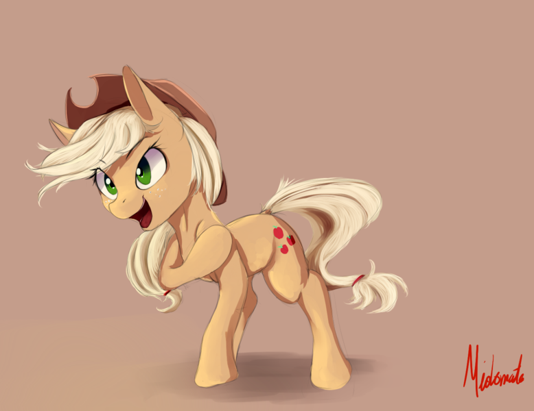 Size: 1400x1080 | Tagged: safe, artist:miokomata, derpibooru import, applejack, pony, cowboy hat, hat, open mouth, raised hoof, signature, simple background, smiling, solo, stetson