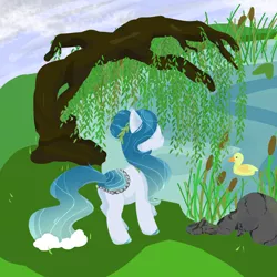 Size: 2000x2000 | Tagged: artist:hirundoarvensis, derpibooru import, duck, female, high res, lake, mare, oc, oc:willow, original species, pond pony, safe, solo, tree, unofficial characters only