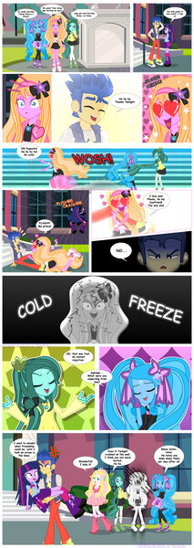 Size: 1600x4499 | Tagged: safe, artist:jucamovi1992, derpibooru import, flash sentry, twilight sparkle, oc, oc:aglaope, oc:aphrodite, oc:piscis, oc:radne, oc:the dark stars, equestria girls, absurd resolution, angry, clothes, comic, engrish, female, flashlight, heart eyes, leg warmers, male, meme, pleated skirt, rejected, rejection, shipping, shoes, skirt, skyrim, slapstick, straight, the elder scrolls, wingding eyes