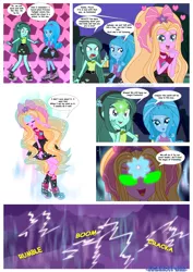 Size: 1600x2263 | Tagged: safe, artist:jucamovi1992, derpibooru import, oc, oc:aglaope, oc:piscis, oc:radne, oc:the dark stars, unofficial characters only, equestria girls, bare shoulders, canterlot high, clothes, comic, engrish, evil, sleeveless, strapless, tanktop, tube top