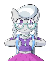 Size: 996x1200 | Tagged: safe, artist:phoenixperegrine, derpibooru import, silver spoon, earth pony, pony, semi-anthro, backpack, belly button, bipedal, braid, braided pigtails, clothes, cute, digital art, equestria girls outfit, female, glasses, jewelry, looking at you, looking forward, mare, midriff, necklace, randoseru, shirt, short shirt, silverbetes, simple background, skirt, smiling, solo, white background