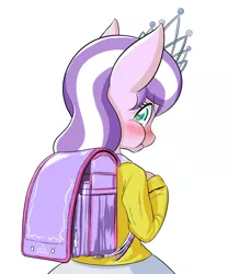 Size: 996x1200 | Tagged: safe, artist:phoenixperegrine, derpibooru import, diamond tiara, earth pony, pony, semi-anthro, backpack, bipedal, blushing, clothes, cute, digital art, equestria girls outfit, female, looking at you, looking back, mare, puffy cheeks, randoseru, rear view, simple background, skirt, solo, sweater, tiara, white background