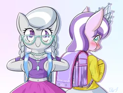 Size: 1600x1200 | Tagged: safe, artist:phoenixperegrine, derpibooru import, diamond tiara, silver spoon, earth pony, pony, semi-anthro, backpack, belly button, bipedal, blue background, blushing, braid, braided pigtails, clothes, cute, diamondbetes, digital art, duo, equestria girls outfit, female, glasses, gradient background, jewelry, looking at you, looking back, looking forward, mare, midriff, necklace, pigtails, pink background, puffy cheeks, randoseru, rear view, short shirt, silverbetes, skirt, smiling, standing, sweater, tiara