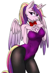 Size: 3000x4011 | Tagged: absurd resolution, alicorn, anthro, artist:up1ter, breasts, bunny suit, busty princess cadance, cleavage, clothes, commission, derpibooru import, female, leotard, looking at you, milf, multicolored hair, nail polish, playboy bunny, princess cadance, simple background, smiling, solo, solo female, suggestive, transparent background, ych result