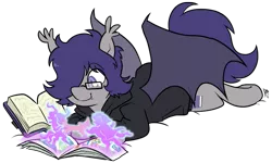 Size: 911x546 | Tagged: safe, artist:egophiliac, derpibooru import, oc, oc:dusk rhine, unofficial characters only, bat pony, pony, adorkable, book, clothes, comic book, cute, cutie mark, dork, fangs, glasses, hair over one eye, happy, hoodie, lying down, magic, male, reading, simple background, solo, spellbook, stallion, transparent background