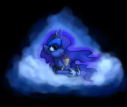 Size: 2000x1690 | Tagged: safe, artist:hieronymuswhite, derpibooru import, princess luna, pony, black background, cloud, drinking, female, magic, mare, prone, simple background, soda, solo, telekinesis