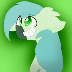 Size: 1024x1024 | Tagged: safe, artist:cottonponysfm, artist:tiz4905, derpibooru import, oc, oc:flame brave, unofficial characters only, bust, fluffy, green, looking up, portrait, simple background, smiling, solo, worried