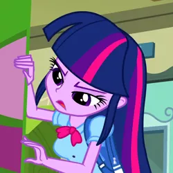 Size: 550x550 | Tagged: safe, derpibooru import, screencap, twilight sparkle, equestria girls, bowtie, cropped, door, solo, vending machine