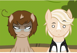 Size: 540x376 | Tagged: safe, artist:aha-mccoy, derpibooru import, oc, oc:jay aaron mclovin, oc:terrie ben dover, unofficial characters only, earth pony, pony, unicorn, nopony-ask-mclovin, angry eyes, animated, blank eyes, broken horn, gif, glasses, male, shaking, stallion
