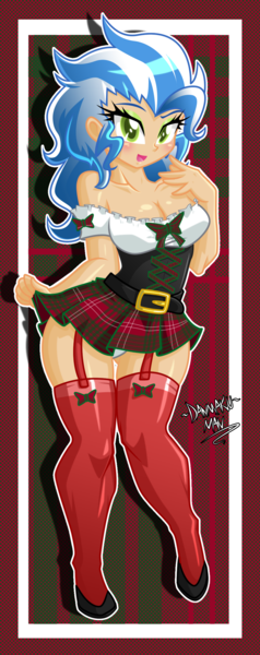 Size: 992x2500 | Tagged: artist:danmakuman, belt, blushing, breasts, cleavage, clothes, commission, derpibooru import, eyeshadow, female, garter belt, garters, human, humanized, humanized oc, looking at you, makeup, miniskirt, oc, panties, plaid, pleated skirt, sexy, shoes, skirt, skirt lift, skirt pull, smiling, solo, solo female, stockings, suggestive, thigh highs, thighs, underwear, unofficial characters only, white panties