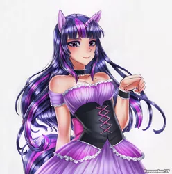 Size: 800x808 | Tagged: artist:racoonsan, bare shoulders, choker, clothes, corset, derpibooru import, dress, eared humanization, female, horned humanization, human, humanized, looking at you, safe, simple background, solo, tailed humanization, traditional art, twilight sparkle, white background