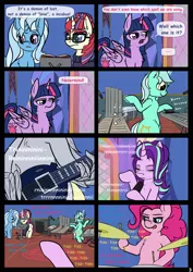 Size: 4961x7016 | Tagged: safe, artist:duop-qoub, derpibooru import, derpy hooves, lyra heartstrings, moondancer, pinkie pie, starlight glimmer, trixie, twilight sparkle, twilight sparkle (alicorn), alicorn, earth pony, pegasus, pony, unicorn, absurd resolution, bipedal, chest fluff, comic, dialogue, drums, ear fluff, female, glasses, guitar, hoof hold, mare, shoulder fluff, tongue out, wing hands