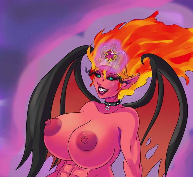 Size: 1300x1196 | Tagged: questionable, artist:annon, derpibooru import, sunset shimmer, demon, equestria girls, abs, areola, big breasts, bimbo, bimbo shimmer, bimboification, black sclera, blue eyes, breasts, busty sunset satan, busty sunset shimmer, choker, collar, crown, dark magic, demon form, demon wings, element of magic, elf ears, fangs, female, fire, fire hair, huge breasts, jewelry, magic, nipples, nudity, regalia, slit eyes, smiling, solo, solo female, spiked choker, spiked collar, sunset satan, tiara, wings