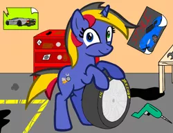 Size: 1042x800 | Tagged: safe, artist:toyminator900, derpibooru import, oc, oc:wheelie rims, unofficial characters only, pony, unicorn, bipedal, car, drill, female, heterochromia, looking at you, mare, mechanic, oil, poster, smiling, solo, tire, wheel, workbench, wrench