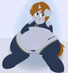Size: 3533x3769 | Tagged: suggestive, artist:coatieyay, derpibooru import, oc, oc:littlepip, unofficial characters only, pony, unicorn, fallout equestria, fanfic, bedroom eyes, belly, belly button, big belly, blushing, chest fluff, clothes, fanfic art, fat, female, freckles, hooves, horn, looking at you, mare, obese, open mouth, panties, shoulder fluff, shoulder freckles, socks, solo, solo female, thunder thighs, underwear, vault suit