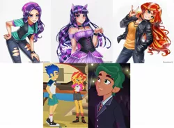 Size: 1731x1272 | Tagged: safe, artist:racoonsan, derpibooru import, edit, screencap, flash sentry, starlight glimmer, sunset shimmer, timber spruce, twilight sparkle, equestria girls, legend of everfree, converse, counterparts, female, horned humanization, male, shipping, shoes, straight, timbertwi, twilight's counterparts