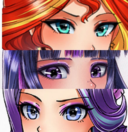 Size: 441x453 | Tagged: safe, artist:racoonsan, derpibooru import, edit, starlight glimmer, sunset shimmer, twilight sparkle, equestria girls, counterparts, human coloration, magical trio, persona eyes, twilight's counterparts, twishimmerglimmer