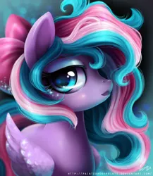 Size: 1043x1200 | Tagged: safe, artist:paintedhoofprints, derpibooru import, oc, oc:spirit sparkle, unofficial characters only, pegasus, pony, bow, bust, commission, eyeshadow, female, hair bow, lidded eyes, looking at you, makeup, mare, multicolored hair, solo