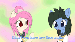 Size: 480x270 | Tagged: safe, artist:an-m, derpibooru import, oc, oc:abstract module, oc:bella, unofficial characters only, earth pony, pony, abstract background, animated, chopsticks, clothes, dexterous hooves, dialogue, female, gif, hoof hold, it just works, jewelry, mare, mouth hold, necklace, sailor uniform, school uniform, shiba inuko-san