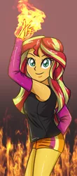 Size: 1651x3736 | Tagged: safe, artist:sumin6301, derpibooru import, sunset shimmer, equestria girls, adorasexy, arm warmers, armpits, chandra nalaar, clothes, cute, female, fiery shimmer, fire, gradient background, king of fighters, kyo kusanagi, legs, looking at you, magic, magic the gathering, pyromancy, sexy, shimmerbetes, shorts, smiling, solo, stupid sexy sunset shimmer