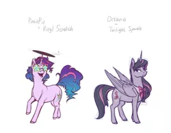 Size: 1280x991 | Tagged: safe, artist:28gooddays, derpibooru import, octavia melody, pinkie pie, twilight sparkle, twilight sparkle (alicorn), vinyl scratch, oc, alicorn, pony, alicornified, classy, duo, female, fusion, mare, open mouth, race swap, record, simple background, star glasses, sunglasses, the uses of unicorn horns, white background