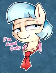 Size: 560x726 | Tagged: suggestive, artist:neighday, derpibooru import, coco pommel, earth pony, pony, anal only, coco is an anal slut, collar, female, implied anal, lip bite, looking at you, neck fluff, necktie, solo