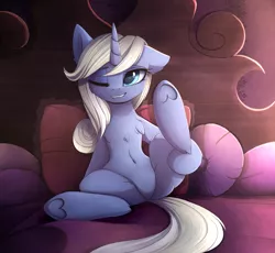 Size: 3780x3476 | Tagged: suggestive, artist:magnaluna, derpibooru import, oc, oc:moonbow, unofficial characters only, pony, unicorn, adorasexy, bed, bedroom eyes, belly button, body markings, chest fluff, colored pupils, commission, cute, ear fluff, featureless crotch, female, floppy ears, fluffy, heart hoof, inviting, leg hold, leg in air, lip bite, magnaluna is trying to murder us, mare, on bed, one eye closed, pillow, sexy, sitting, smiling, solo, solo female, spread legs, spreading, underhoof, wink