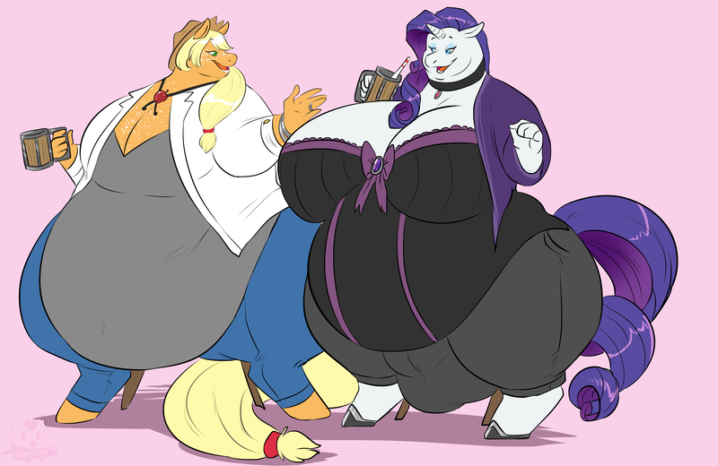 Size: 4548x2954 | Tagged: absurd resolution, anthro, applefat, applejack, artist:mangoicy, bbw, belly, big belly, big breasts, breasts, busty rarity, cider, cleavage, clothes, crotch bulge, derpibooru import, duo, fat, female, futa, futa rarity, herm, huge breasts, intersex, morbidly obese, obese, questionable, raritubby, rarity, redesign, ssbbw, thunder thighs, wide hips