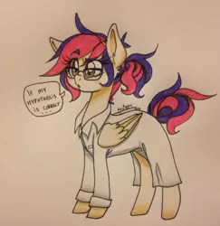Size: 1244x1280 | Tagged: safe, artist:ameliacostanza, derpibooru import, oc, oc:mayday parker sparkle, unofficial characters only, pegasus, pony, clothes, crossover, crossover shipping, curly hair, curly mane, dialogue, equestrian avengers, glasses, lab coat, messy bun, messy mane, offspring, parent:peter parker, parent:twilight sparkle, parents:spidertwi, solo, spider-man, traditional art