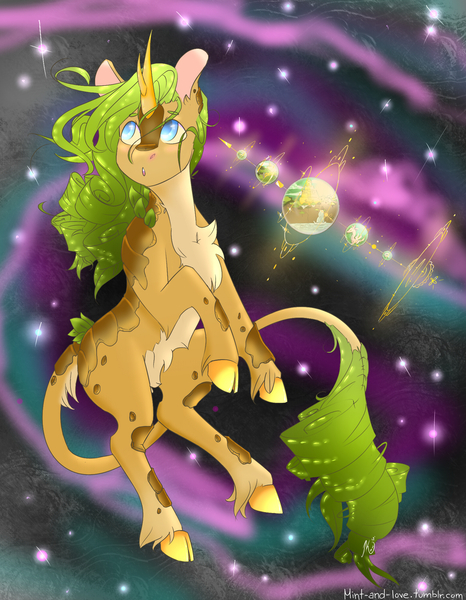 Size: 1547x1993 | Tagged: artist:mint-and-love, cutie, derpibooru import, female, kirin, kirin oc, mandala magic, oc, oc:eldorada, orbs, safe, solo, space, unofficial characters only