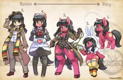 Size: 1600x1035 | Tagged: safe, artist:shepherd0821, derpibooru import, oc, oc:macdolia, unofficial characters only, anthro, earth pony, human, pony, semi-anthro, unguligrade anthro, alice in wonderland, anthro chart, anthro with ponies, bunny hood, castlevania, chain whip, clothes, cowboy hat, cross, doctor who, female, fourth doctor, fourth doctor's scarf, french maid, hat, humanized, izayoi sakuya, looking at you, maid, maid headdress, pigtails, pocket watch, raised hoof, rope, scarf, smiling, socks, solo, stetson, thigh highs, time travelers, touhou, twintails, watch, white rabbit