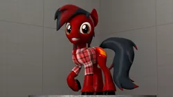 Size: 1920x1080 | Tagged: safe, artist:obsidianocelot, derpibooru import, oc, oc:twinny, unofficial characters only, earth pony, pony, 3d, clothes, male, red and black oc, shirt, smiling, solo, stallion