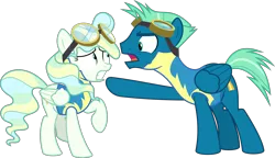 Size: 11147x6400 | Tagged: safe, artist:parclytaxel, derpibooru import, sky stinger, vapor trail, pegasus, pony, top bolt, .svg available, absurd resolution, angry, clothes, duo, female, frown, goggles, male, mare, open mouth, pointing, raised hoof, raised leg, scared, simple background, stallion, transparent background, uniform, vector, wonderbolt trainee uniform
