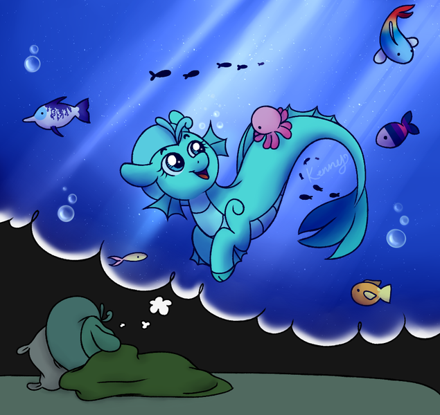 Size: 1024x968 | Tagged: applejack, artist:tenebrisdawn, bed, bubble, comic:bedazzled, crepuscular rays, cute, derpibooru import, dream, fish, floppy ears, fluttershy, looking back, mane six, oc, ocbetes, oc:penora melody, octopus, open mouth, pillow, pinkie pie, rainbow dash, rarity, safe, siren, sleeping, smiling, species swap, thought bubble, twilight sparkle, underwater, unofficial characters only