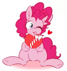 Size: 1363x1438 | Tagged: safe, artist:akainu_pony, derpibooru import, pinkie pie, earth pony, pony, cute, gift giving, heart, one eye closed, open mouth, present, simple background, sitting, smiling, solo, valentine's day, wink