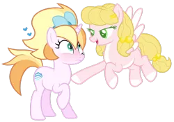 Size: 1600x1125 | Tagged: safe, artist:sugahfox, artist:sweethearttarot, derpibooru import, oc, oc:french toast, oc:waverider, unofficial characters only, pegasus, pony, unicorn, bow, colored pupils, female, flying, hair bow, lidded eyes, mare, simple background, transparent background