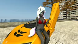 Size: 1920x1080 | Tagged: safe, artist:jojobibou, derpibooru import, oc, oc:ice trio, unofficial characters only, anthro, earth pony, 3d, anthro 3d, anthro oc, bikini top, car, clothes, female, hypercar, mare, midriff, pegassi zentorno, shorts, solo, supercar