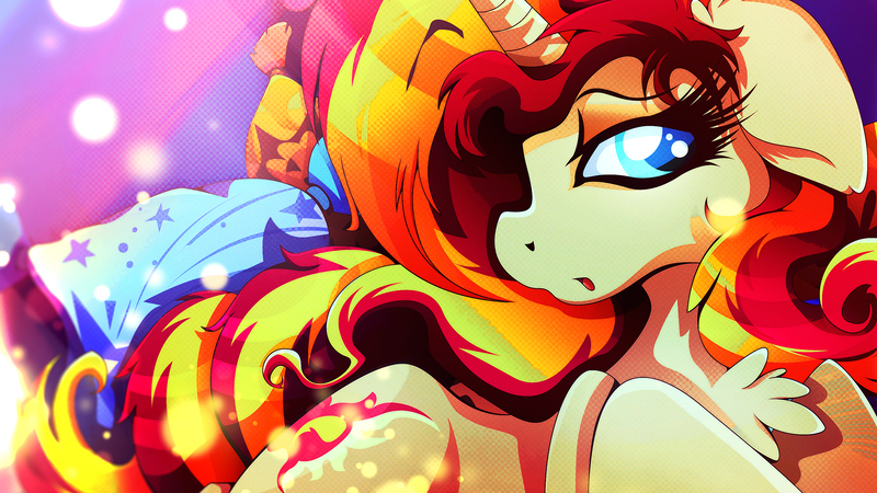 Size: 1920x1080 | Tagged: safe, artist:rariedash, derpibooru import, sunset shimmer, pony, unicorn, bed, chest fluff, floppy ears, pillow, prone, solo, wallpaper