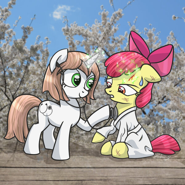 Size: 1024x1024 | Tagged: safe, artist:helmie-art, derpibooru import, apple bloom, oc, oc:healing touch, pony, unicorn, blood, bow, clothes, commission, duo, female, filly, floppy ears, gi, glowing horn, hair bow, injured, karate, karatebloom, magic, martial arts, raised hoof, robe, sitting, sky, smiling, sweat, sweatdrop, tree, trousers, white belt